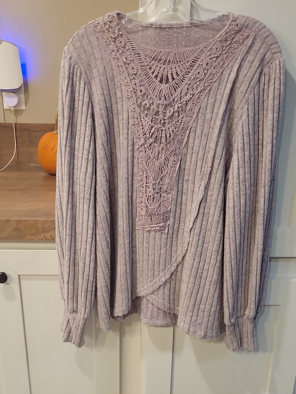 Lavender Ribbed Knit Women's Sweater with Crochet V-Inset